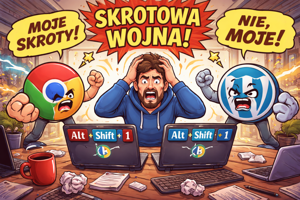 Kreskówka: zestresowany mężczyzna między komputerami, a obok kłócące się logo Chrome i WordPress, walczące o skróty.