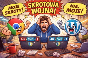 Kreskówka: zestresowany mężczyzna między komputerami, a obok kłócące się logo Chrome i WordPress, walczące o skróty.